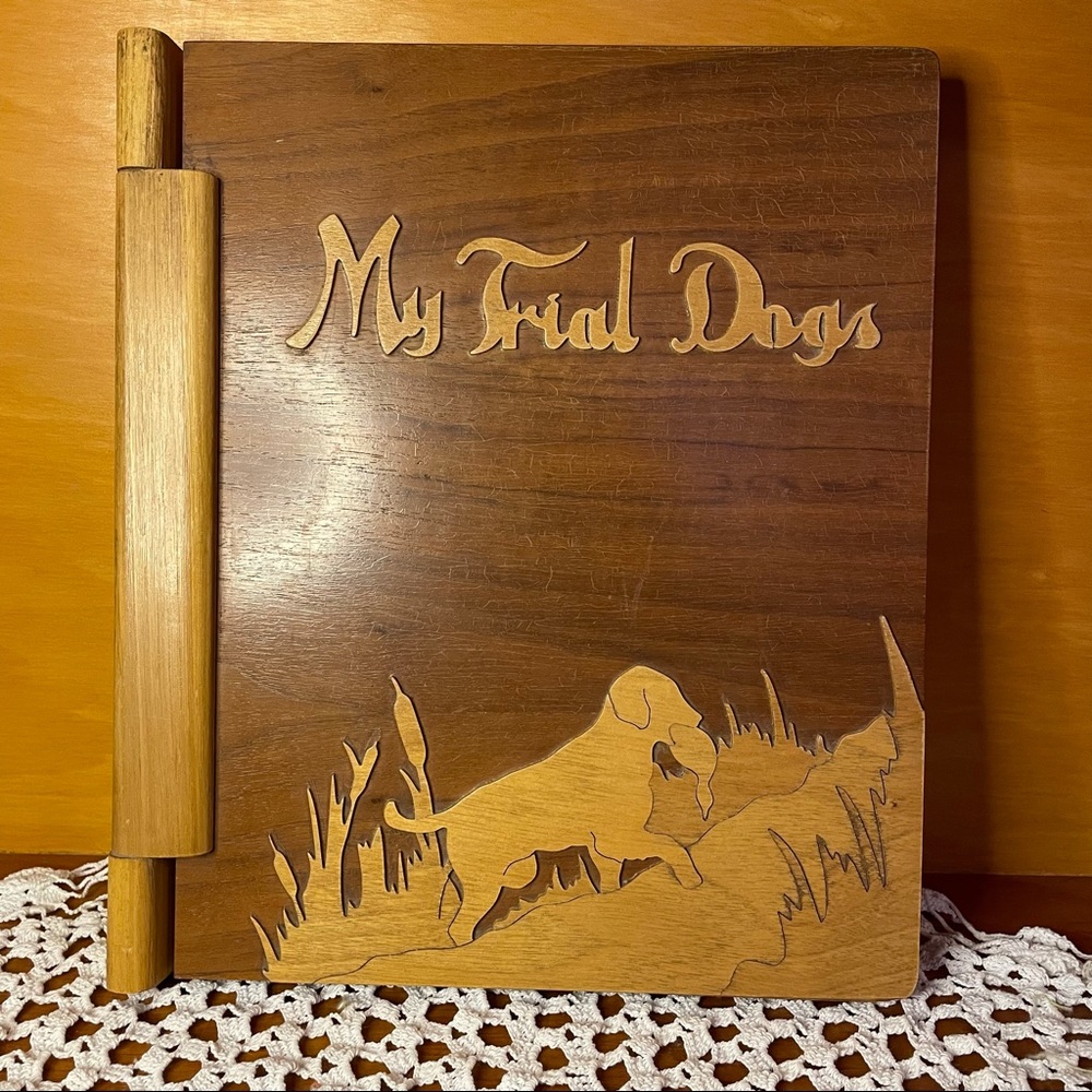 Beautiful handmade vintage wooden dog scrapbook, ephemera journal